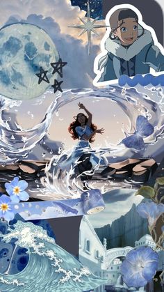 a collage of images with flowers and stars in the sky above water, an image of a woman standing on a wave