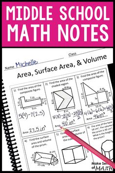 the middle school math notebook with instructions for students to practice their area, surface and volume