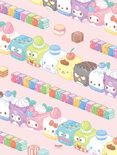 the wallpaper has many different types of cakes on it, including one with an angry face