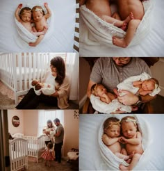 a collage of photos with babys in their crib and mom holding her newborn