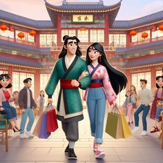 an animated image of a man and woman walking in front of a chinese building with shopping bags