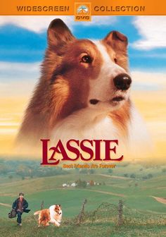 lass movie poster with dog and man on horseback in the background, from left to right