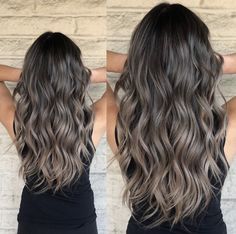 Dark Ash Highlights On Dark Hair, Ash Blonde Hair Ombre, Black Hair Transformation Balayage, Smokey Balayage Brunettes, Ashy Blonde Babylights On Dark Hair, Dark Hair Ash Balayage, Ash Brown On Black Hair, Ash Babylights On Dark Hair, Dimensional Brunette Blonde