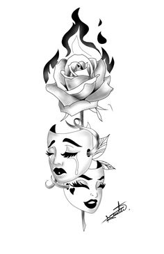 a black and white drawing of two women with roses on their heads, one in the middle