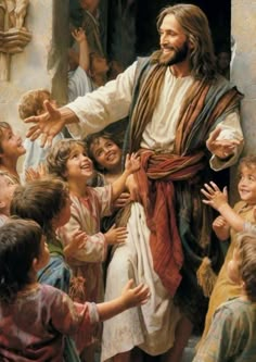 a painting of jesus surrounded by children with his arms outstretched and hands out to him