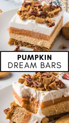 These No Bake Pumpkin Dream Bars will be your new go-to Fall and Thanksgiving dessert. Pumpkin desserts are extremely popular, but this easy homemade pumpkin bar is sure to go to the top of the list! With a gingersnap cookie crust, pumpkin cheesecake, pumpkin spice pudding, and Cool Whip, you’ll enjoy the delicious pumpkin flavor and layer combination in every bite. Pumpkin Pie Dream Bars, No Bake Pumpkin Lush Dessert, Pumpkin Dessert Recipes For A Crowd, Creamy Pumpkin Bars, Pumpkin Dream, Snappy Pumpkin Dessert, Pumpkin Lush Bars, Fancy Pumpkin Desserts, Pumpkin Gingersnap Sweet Rolls