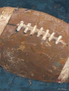 an abstract painting of a football on a red and brown background with white stitchs