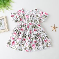 Girls Short Sleeve Floral Printed Layered Dress Baby Girl Boutique Clothing Wholesale - PrettyKid Pink Short Sleeve Twirl Dress With Floral Print, Cute White Twirl Dress With Floral Print, Cute White Printed Dress, Wholesale Boutique Clothing, Dress Baby Girl, Floral Printed Dress, Matching Mom