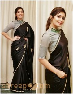 Black Sarees Party Wear, Full Neck Blouse, Black Saree Party Wear, Black Saree Designs, Black Sarees, Saree Black, Rashi Khanna, Saree Party Wear