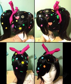 four pictures of a woman's hair with confetti and stars on it