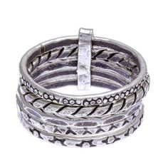 A distinct pattern marks each of the five bands on this pretty ring from Thailand's Pakaon Sojintarit. Hand crafted from 950 Karen silver the individual bands are linked together forming a single ring adorned with oxidized designs. Adjustable Stackable Silver Bands, Bohemian Metal Stackable Rings, Adjustable Stacked Silver Rings, Adjustable Stacked Midi Rings, Bohemian Nickel-free Metal Rings, Nickel-free Spiral Silver Rings, Pretty Ring, Single Ring, On My Mind