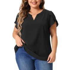 ABOUT US: A plus size brand inspired by the need of its customers. It can match you into various occasions, by the proper tailoring to show your perfect curve and the comfortable fabrics enables you a pleasant experience. Wearing it with leggings, high waist dress, skinny jeans, skirt, suit pants or high heels is perfect for work or every day. Our flowy petal short-sleeved women's work top is casual, professional and_ dressy. Measurement (in inches) Size----------Length----------Shoulder-------- Plus Size Blouses For Women, Flowy Tunic Tops, Plus Size Peplum, Lapel Top, Casual Professional, Dressy Shorts, Jeans Skirt, Short Sleeve Shirt Women, Plus Size Brands