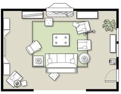 a drawing of a living room with couches, tables and lamps in it's center