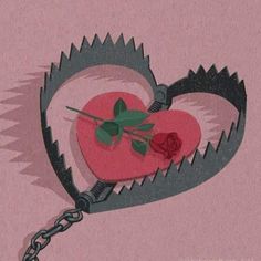 an illustration of a heart with a rose attached to it's side and a chain hanging from the middle