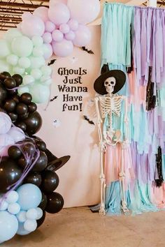 a skeleton is standing in front of some balloons