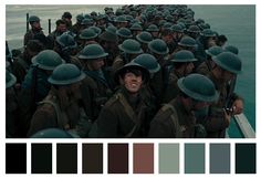 a large group of soldiers on a boat in the water, with color swatches