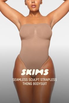 Cinch your waist and sculpt your tummy and core in this perfectly compressive strapless thong bodysuit. Wear it your way with removable adjustable straps that convert to shoulder straps, cross-back, or halter-style. Features center front and side stitching to define and support your bust, and a cotton gusset with snap closure. Fits true to size. | SKIMS Strapless Thong Bodysuit | Light Neutral | Medium | Seamless Sculpt Side Stitch, Cute Swimsuits, Halter Style, Wear It, Shapewear, Snap Closure, Shoulder Straps, Adjustable Straps, Lounge Wear