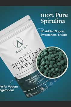 a bag of organic spirulata next to a bowl of spirulata