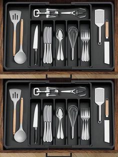 two trays with utensils and spoons in them