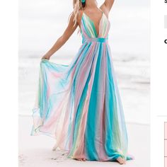 Stunning Deep V Rainbow Mesh Sling Style Maxi Dress Comes To You In A Blue Multi Size Medium. In A Fit And Flare Silhouette, Rainbow Stripe, Free Flowing Full Skirt, Fitted Waist, Zip Back Closure. Spaghetti Strap, Criss Cross Back Flare Long Dress, Rainbow Dress, Camisole Dress, Ținută Casual, Backless Maxi Dresses, Striped Maxi Dresses, Types Of Dresses, Long Maxi Dress, Brunei