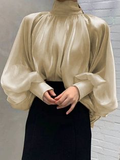 High Neck Loosen Plain Long Sleeve Elegant Top Sleeves Designs For Dresses, Neue Outfits, Elegant Blouses, Style Blouse, Designs For Dresses, 여자 패션