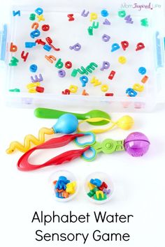 an alphabet water game for toddlers to play with letters and numbers in plastic containers