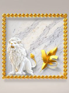 a golden frame with a white lion and gold ribbon on the left side, in front of a marble background