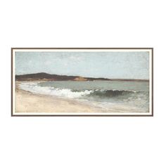 an ocean scene with waves crashing on the shore and mountains in the distance, framed print