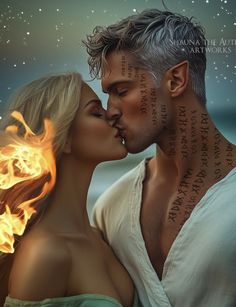 a man and woman are kissing in front of the sky with fire coming out of their mouths