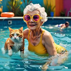 an older woman and her cat in the pool