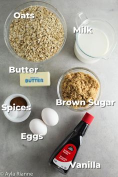 ingredients to make oatmeal milkshake on a counter top with text overlay