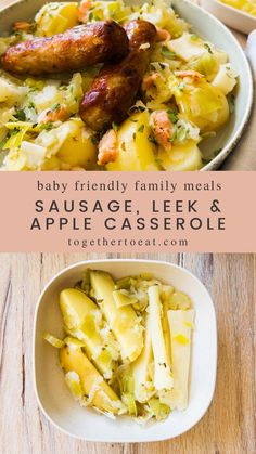 two plates filled with food and the words baby friendly family meals sausage, leek & apple casserole