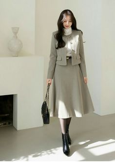 Coat With Midi Dress, Work Outfits Blazer, Coat And Skirt Formal, Formal Retro Sunglasses With Square Frame, Futuristic Sunglasses Outfit, Korean Elegant Outfit, Business Formal Outfits, Elegant Sunglasses With Gradient Polycarbonate Lenses, Geometric Sunglasses