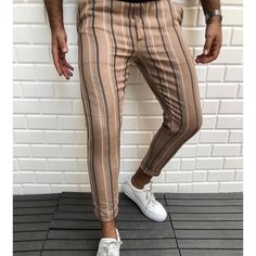 Men's Casual Striped Pant Straight Sport Mens Pant Skinny Slim Fit Coffee Brown Pants Mens Pant, Striped Pant, Business Pants, Belted Pants, Mens Stripes, Brown Pants, Casual Stripes, Pencil Pants, Coffee Brown