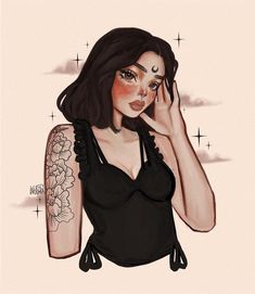 a drawing of a woman with tattoos on her arms and shoulder, holding up her hand to her face