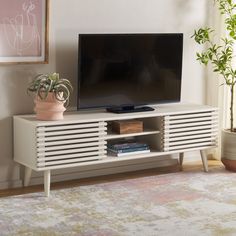 a flat screen tv sitting on top of a white entertainment center next to a potted plant