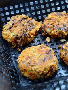 some food is cooking in a grill pan