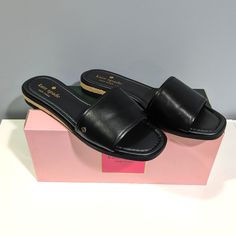 New With Box! Size: 7 Style: Palm Cove Color: Black Material: Leather Features: Slip-On Flats / Sandals With Slight Heel, Square Toes, Textured Woven Detail That Wraps Around, Metal Kate Spade Spade Logo On Outer Side Of Each Sandal Kate Spade Elegant Luxury Sandals, Elegant Luxury Kate Spade Sandals, Kate Spade Sandals, Navy Blue Sandals, Palm Cove, Bow Flip Flops, Woven Leather Sandals, Spade Logo, Strappy Leather Sandals