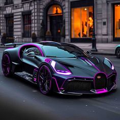 a black and purple bugatti is driving down the street in front of a building