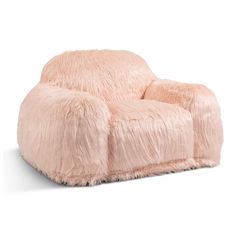 a pink chair that is shaped like a sheepskin couch with long hair on it