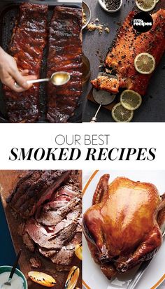 the words our best smoked recipes are shown above pictures of meats, lemons and other foods