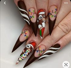 Christmas Film Nails, Xmas Tree Nail Art, Christmas Character Nail Designs, Ugly Christmas Nails Funny, Anti Christmas Nails, Gremlin Nails, Christmas Pop Art Nails, Krampus Nail Art, Character Christmas Nails