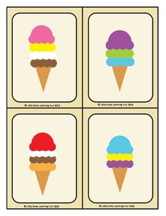 four ice cream cones with different colors on them