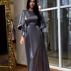 New Elegant Satin Luxury Lantern Sleeve Party Evening Dresses for Women Fashion Long Sleeve Gray Women Abaya, Dress For, Black Lantern, Fancy Dresses Long, Silk Dress Long, Muslim Dress, French Grey, Fashion 2024, Modest Fashion Outfits