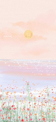 watercolor painting of flowers and grass near the ocean with an orange sun in the background