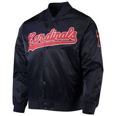 As comfortable as it is fashionable, the sleek satin of this Wordmark jacket will take your cold weather options up a notch. Crafted by Pro Standard with a classic bomber design, this full-snap jacket is the perfect outer layer. It features bold St. Louis Cardinals graphics on the chest and arms to ensure your fandom stays in the spotlight. Brand: Pro Standard Elastic cuffs Full-zip with zipper garage and zipper pulls Hem with adjustable toggles Imported Lightweight jacket suitable for mild temp Sporty Snap Button Outerwear For Fall, Sporty Fall Outerwear With Snap Buttons, Fall Varsity Outerwear With Snap Buttons, Men Winter Jacket, Water Resistant Jacket, Satin Jacket, Satin Jackets, In The Spotlight, St Louis Cardinals