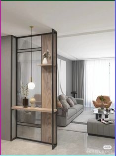 a living room filled with furniture next to a large wall mounted book shelf in front of a window