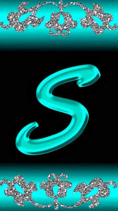 the letter s is made up of silver and blue glitters on a black background