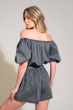 A washed denim romper featuring on/off shoulder neckline, elasticized waist, self sash tie and side pockets Details: Self : 100% Cotton Size & Fit - Model is 5`8" And Wearing Size Small- Measurements Taken From Size Small- Approx. Length: 31" Casual Off-shoulder Jumpsuit For Day Out, Casual Off-shoulder Jumpsuit For Spring, Off Shoulder Neckline, Pockets Details, Pajama Outfits, Pajama Dress, Maxi Dress Sale, Jumpsuits And Romper, Swimwear Dress