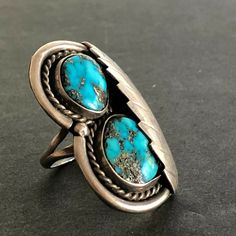 "VINTAGE NAVAJO RING DESCRIPTION: Two breathtaking specimens of high blue Morenci turquoise, this ring will be a treasured addition to your collection of fine vintage Native American jewelry. MEASUREMENTS: Ring face measures 1 5/8\" x 1\" RING SIZE: 7 1/4 WEIGHT: 14.9 grams SIGNED: no STERLING: unmarked, verified sterling silver" Untreated Southwestern Turquoise Ring For Anniversary, Antique Turquoise Anniversary Ring, Blue Untreated Southwestern Rings, Vintage Turquoise Ring With Inlay For Anniversary, Collectible Untreated Blue Turquoise Ring, Artisan Rings With Patina For Collectors, Vintage Turquoise Open Ring Jewelry, Collectible Blue Turquoise Inlay Ring, Southwestern Gemstone Rings For Collectors